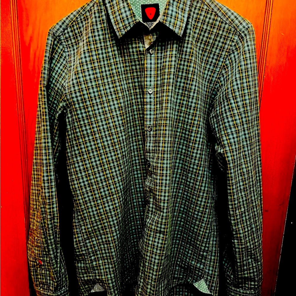 Strellson LS green gold black plaid dress shirt M embroidered logo red accents